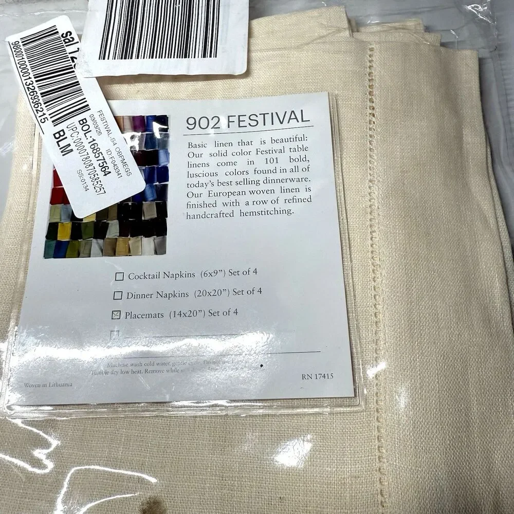 Sferra Festival Placemats Set of 4 14x20 Eggshell 100% Linen Hemstitch